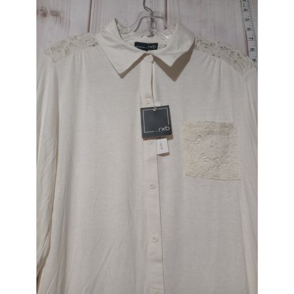 RXB‎ Blouse Womens Large Cream Lace Shoulder High Low Button Front Top NWT - Picture 2 of 8
